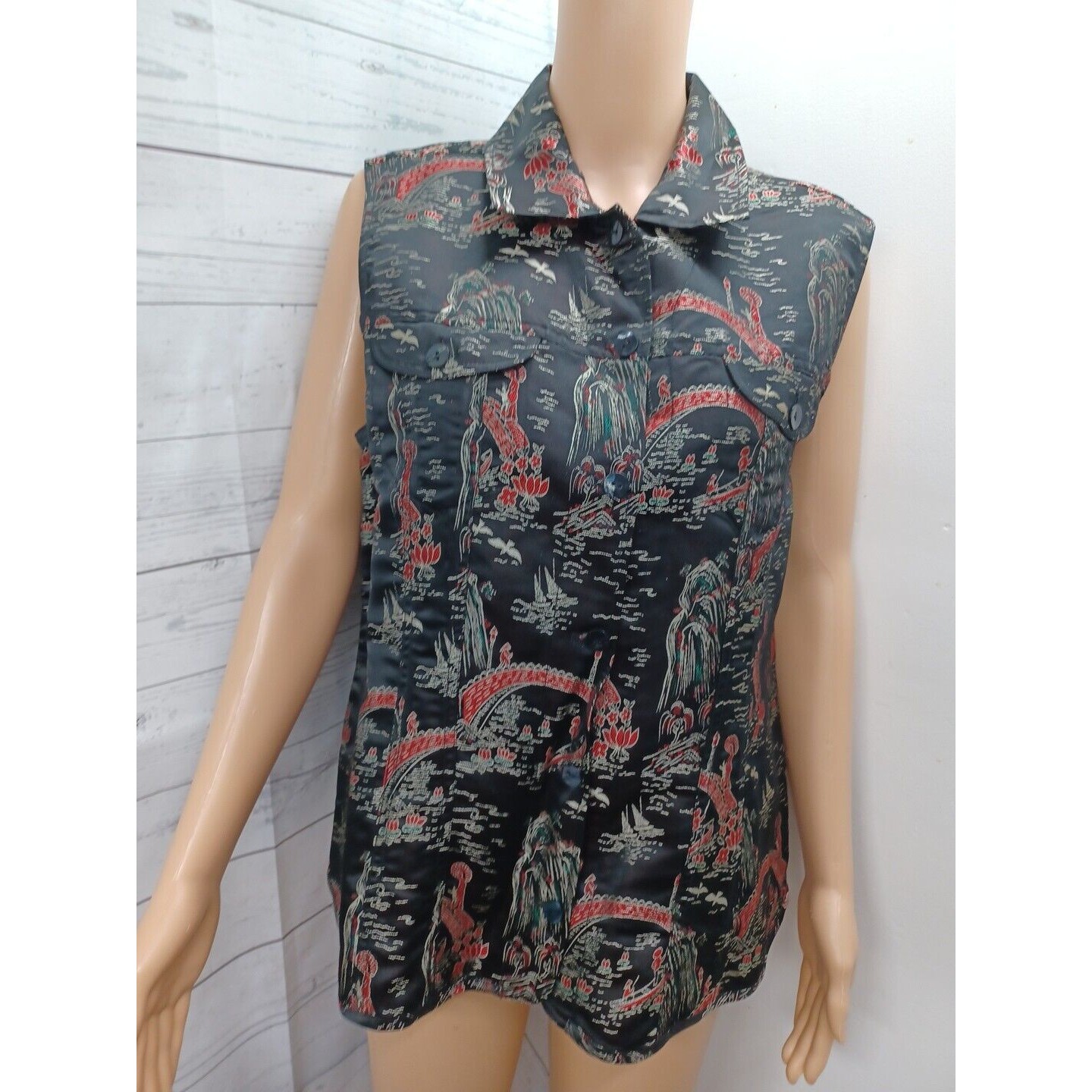 Chico's Art-To-Wear Rayon Silk Chinese Japanese Tapestry Art Vest Jacket Sz 2